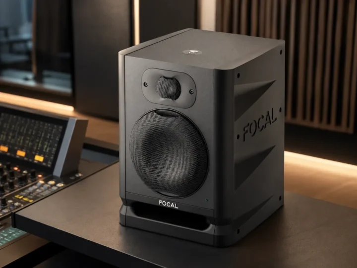 Monitor de estudio Focal Alpha 50 Evo color negro con woofer de 5 pulgadas y tweeter de cúpula invertida en escritorio de home studio.