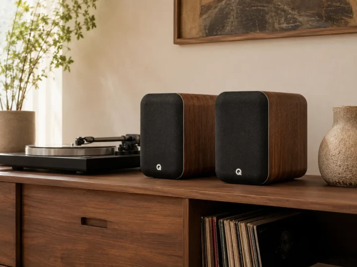Altavoces activos Q Acoustics M20 en acabado madera natural con rejilla gris magnética.