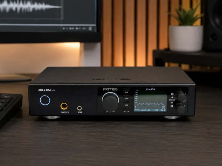 DAC de referencia RME ADI-2 FS versión negra con pantalla LCD y perilla de volumen multifunción sobre escritorio minimalista.