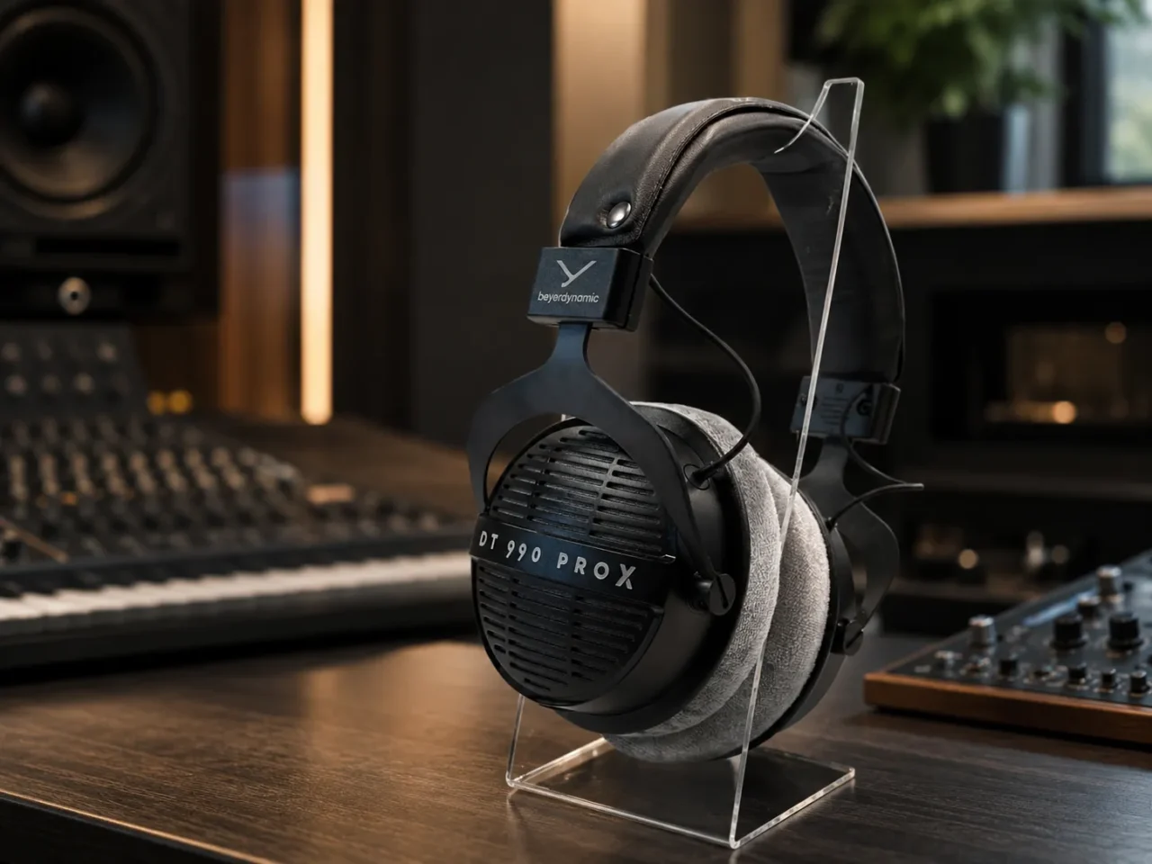 Auriculares Beyerdynamic DT 900 Pro X sobre soporte transparente en un entorno de estudio de audio profesional