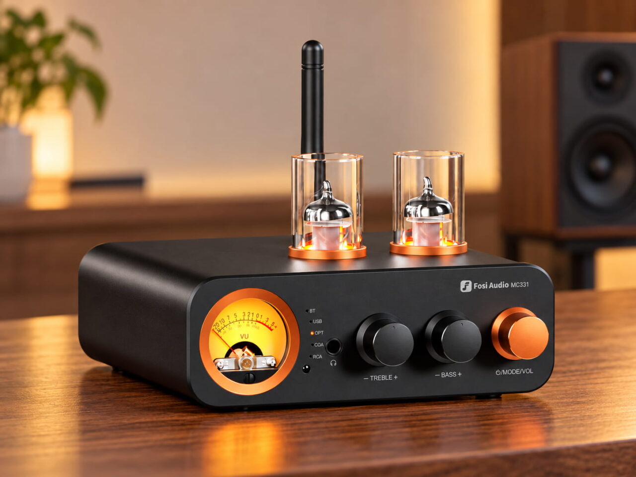 Amplificador híbrido Fosi Audio MC331 con válvulas y medidor VU.