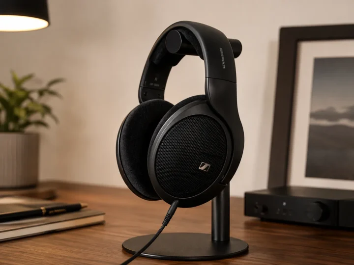 Auriculares abiertos Sennheiser HD 560S color negro sobre soporte de madera en escritorio minimalista