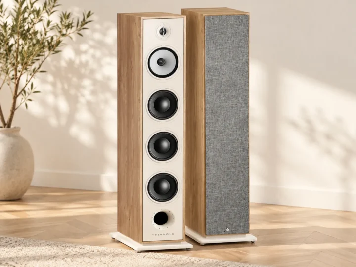 Altavoces de suelo Triangle Borea BR09 en acabado roble claro.