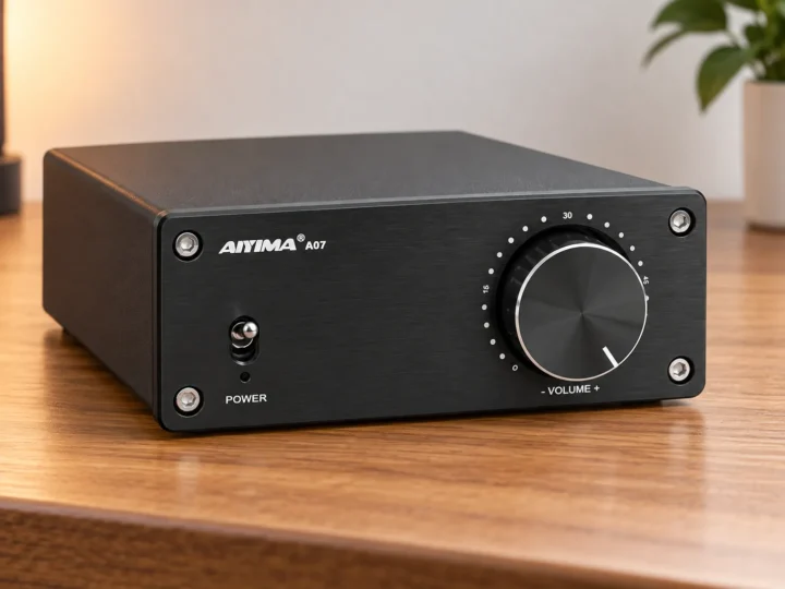 Amplificador AIYIMA A07 sobre mesa de madera.