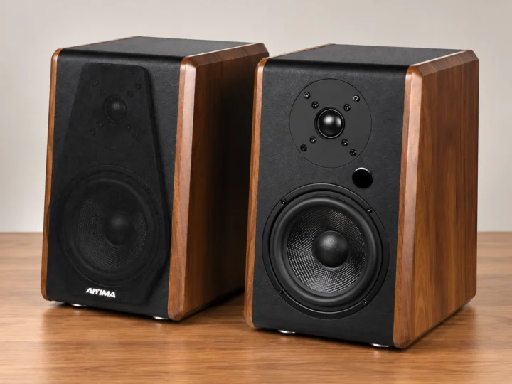Altavoces activos AIYIMA S700 en acabado madera.