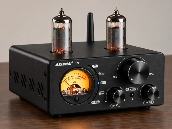 Amplificador híbrido AIYIMA T9 con válvulas y medidor VU.