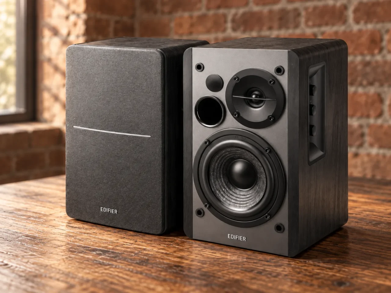 Altavoces activos Edifier R1280DB sobre mesa de madera en una habitación rústica con pared de ladrillo.