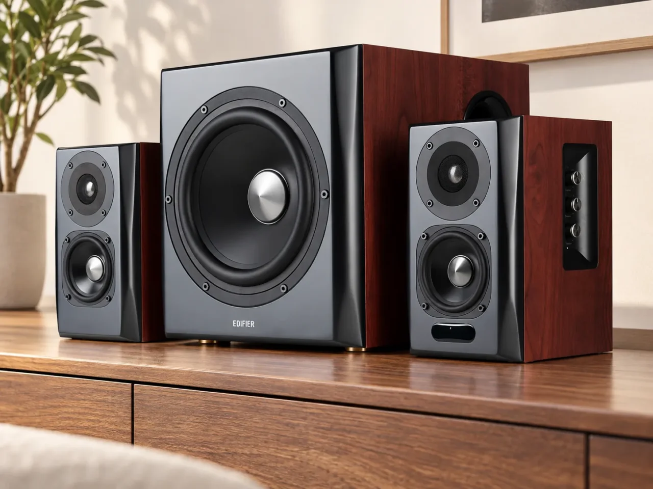 Sistema de altavoces Edifier S350DB con subwoofer y satélites en acabado madera.
