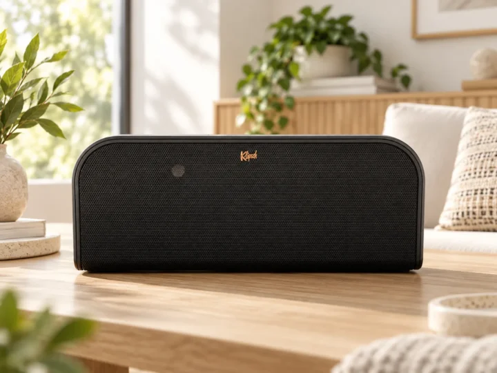 Altavoz Klipsch Groove XXL sobre mesa de madera en una sala clara, moderna y bien iluminada.