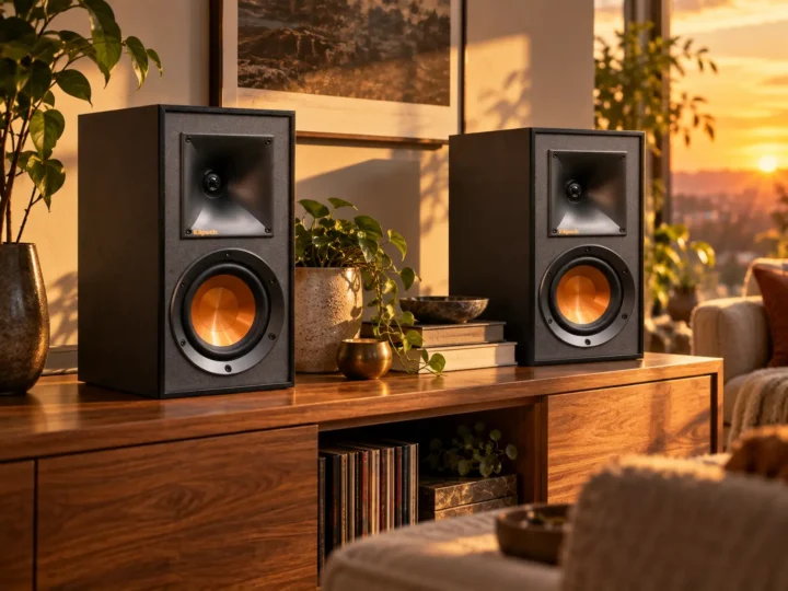 Par de altavoces Klipsch R-41M sobre mueble de madera.