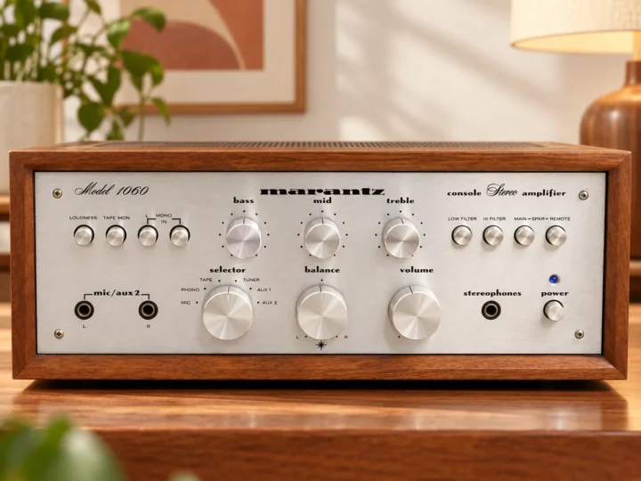 Amplificador integrado Marantz 1060 vintage con frontal plateado y gabinete de madera.
