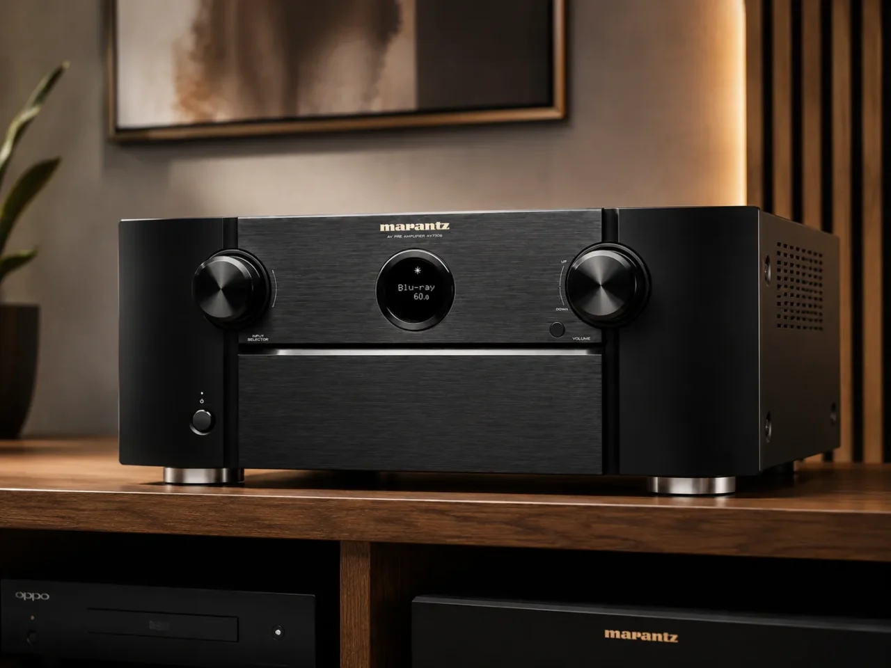 Procesador AV Marantz AV7706 sobre mueble de madera en una sala moderna de cine en casa.