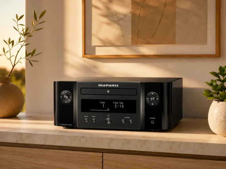 Sistema compacto Marantz MCR-612 sobre mueble claro en una sala elegante con paredes claras y luz de atardecer.