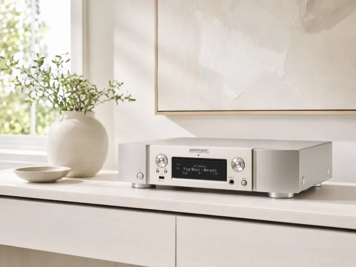 Reproductor de audio en red Marantz NA6006 sobre mueble de madera en una sala Hi-Fi elegante.