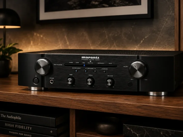 Amplificador integrado Marantz PM5005 sobre mueble de madera en una sala Hi-Fi elegante con iluminación cálida.