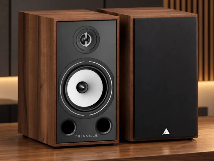 Altavoces Triangle Borea BR03 en acabado nogal dentro de un estudio.