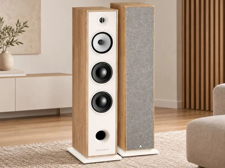 Altavoces de suelo Triangle Borea BR08 en acabado roble claro.
