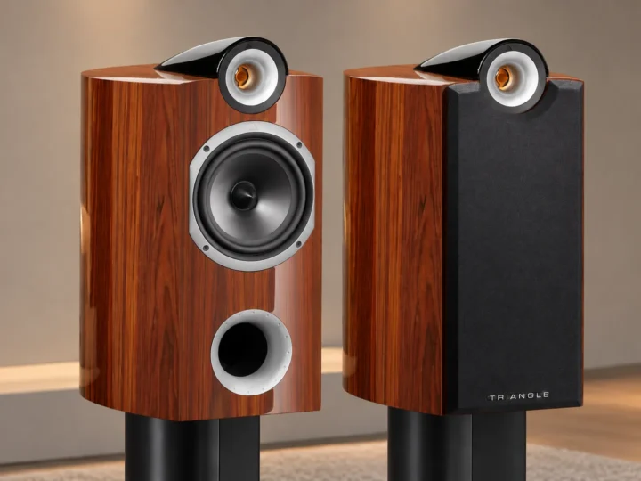 Altavoces Triangle Signature Theta en acabado madera.